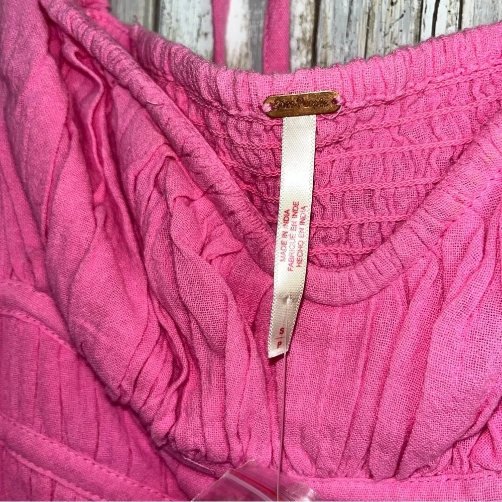 NWT Free People Chloe Pink Smocked Tie Back Blouse Puff Sleeve Crop Top S